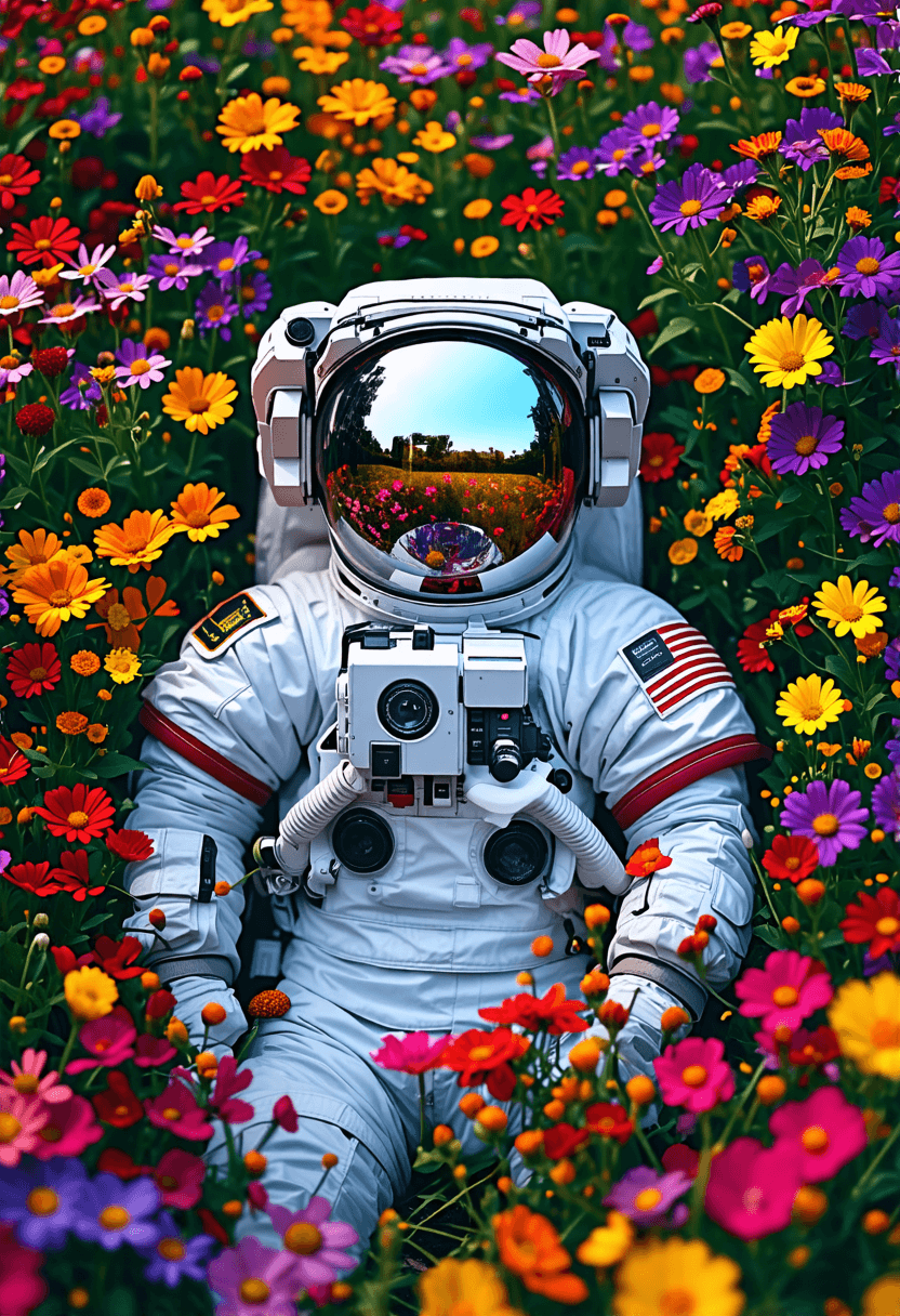 Astronauta na polu kwiatowym plakat