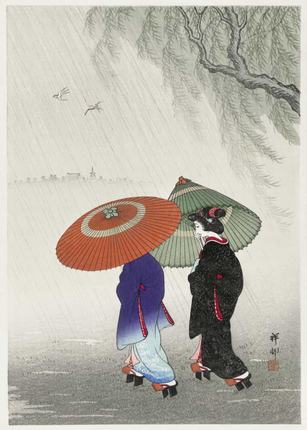 Dwie kobiety w deszczu Ohara Koson plakat