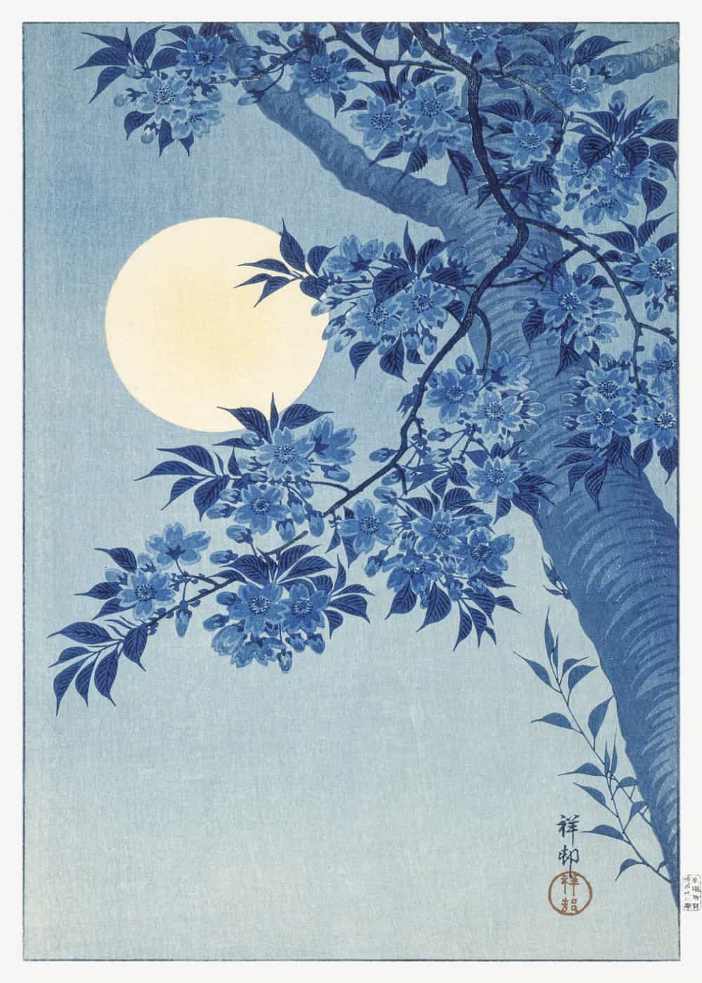 Kwitnąca wiśnia w księżycową noc Ohara Koson plakat