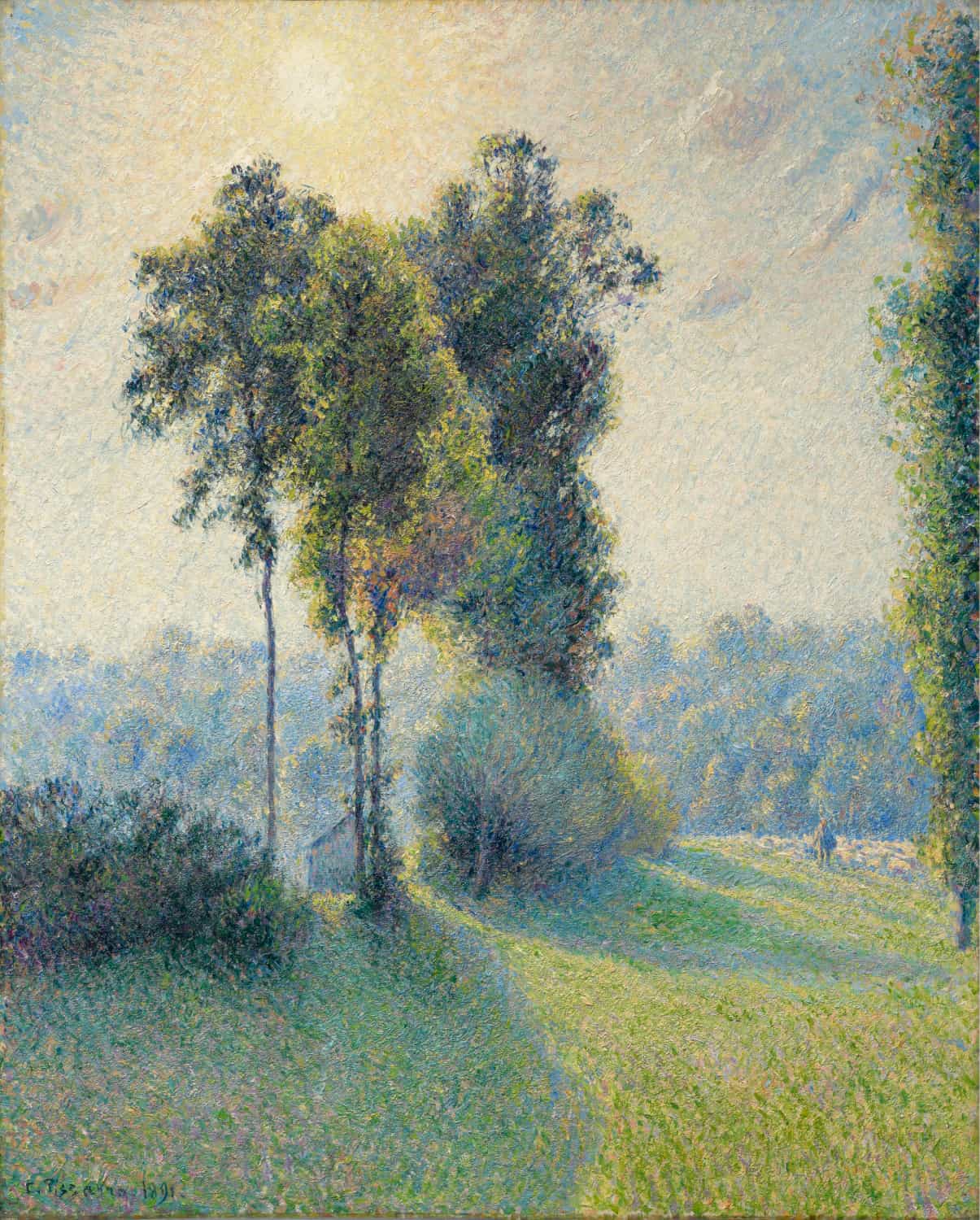 Pejzaż w Saint-Charles, niedaleko Gisors, zachód słońca autorstwa Camille Pissarro plakat