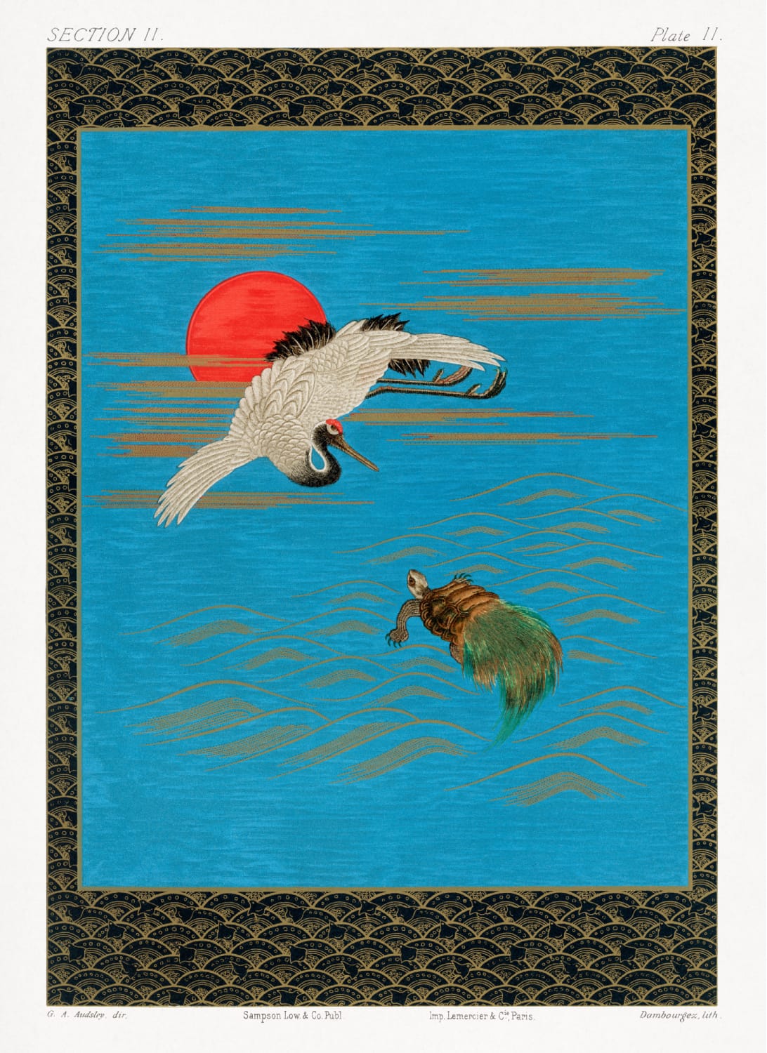 Sarus crane flying above turtle in the sea by G.A. Audsley, Product image 1